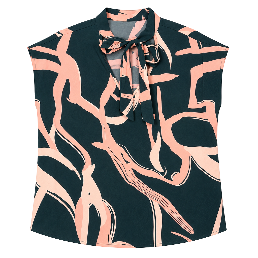 SHEIN Tie Neck Blouse Size L 8/10 Green Peach Abstract Print Cap Sleeve 1