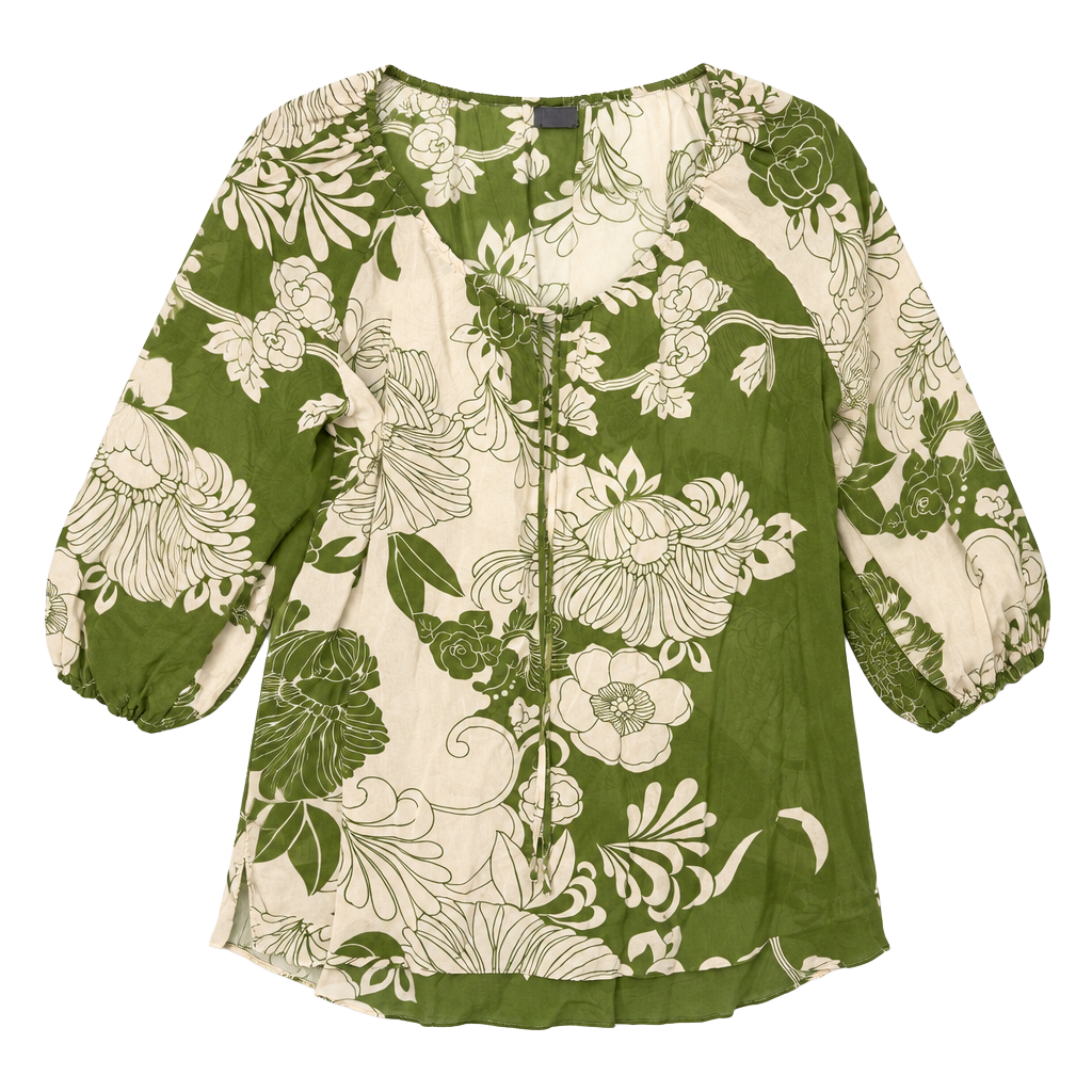 Ann Taylor Silk Floral Blouse Size 10 Green White Tie Neck 1
