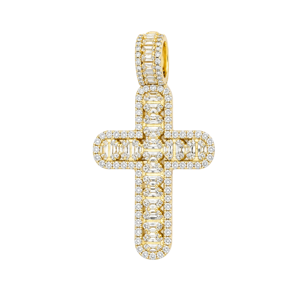 Thermal infused 14k over brass Baguette and Round ice cz stones Cross Pendant 1