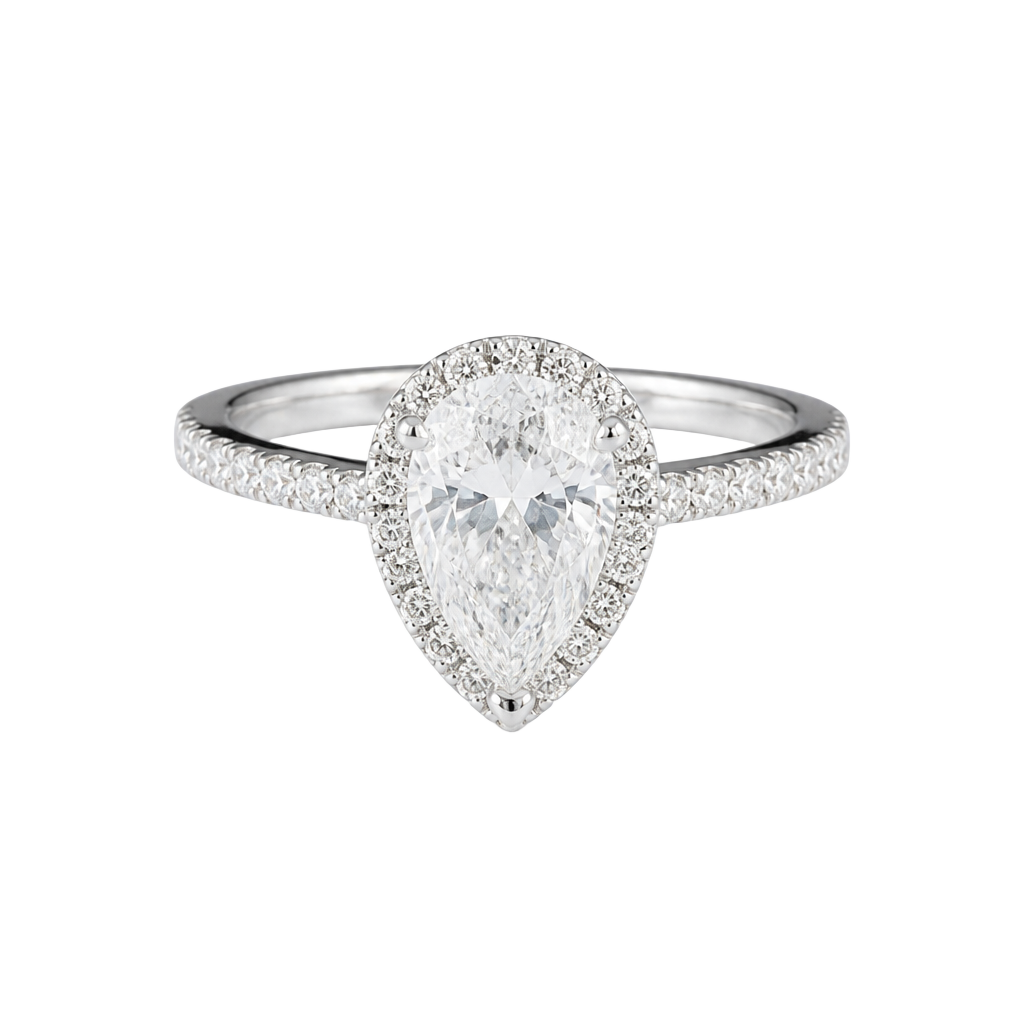GRA Certified Pear Cut Moissanite Halo Ring with Pave Band size 9 1