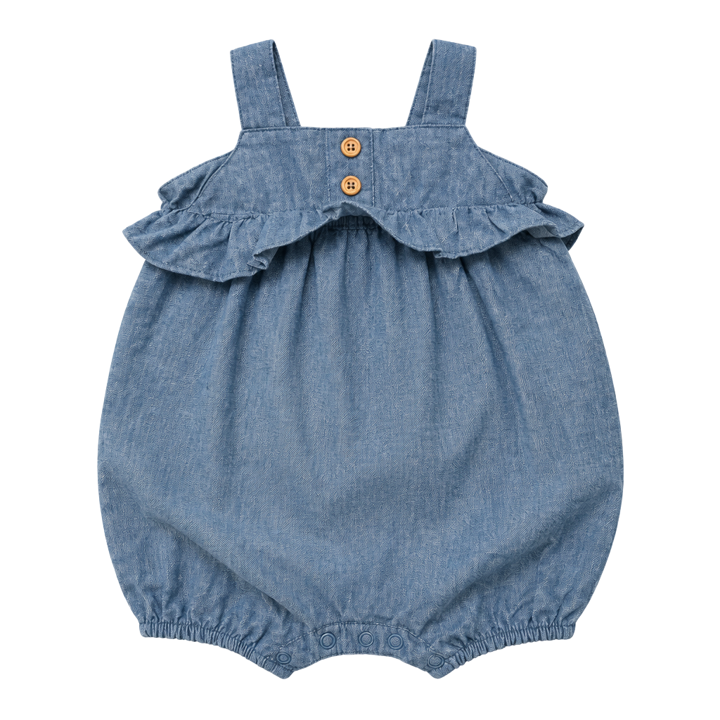 Tahari Baby Romper Size 6-9M Blue Chambray Flutter Bubble 1