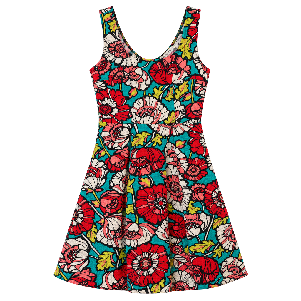 Mystic Floral Pop Art Sleeveless Dress Size M Teal Red 1