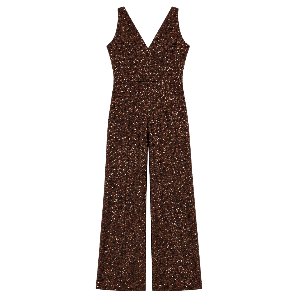 Dress The Population Charlie Jumpsuit L Bronze Sequin Wide Leg Plunge V Nec 1