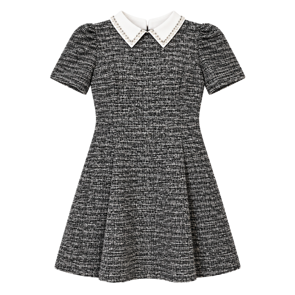 Karl Lagerfeld Paris Dress Tweed Black White Pearl Collar Fit Flare Puff Sleeve 1