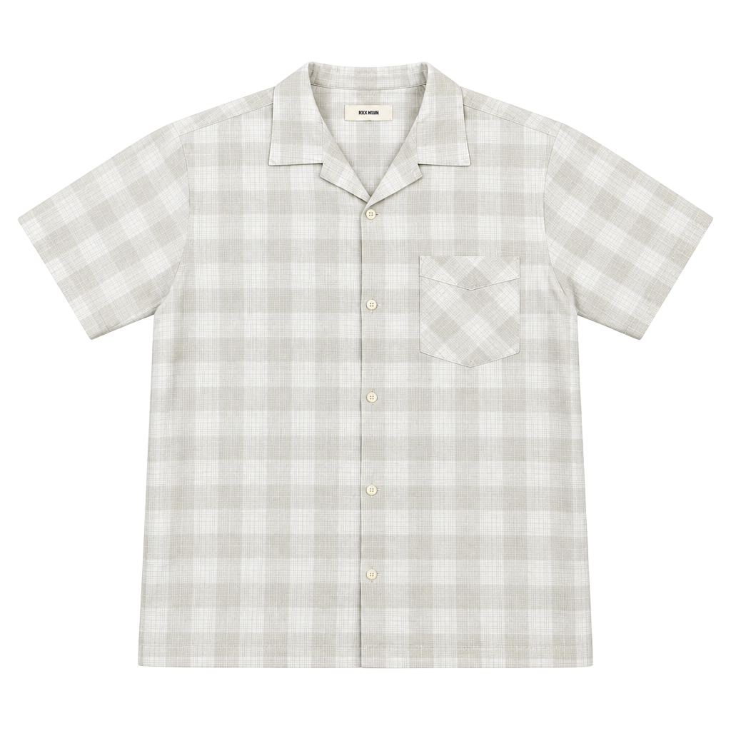 Buck Mason Short Sleeve Camp Shirt Size Large Beige Plaid Linen Cotton 1