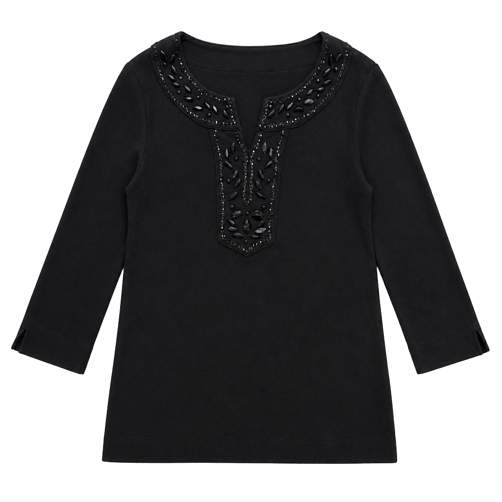 Rafaella Black 3/4 Sleeve Top with Black Beaded Embellished V-Neck 1