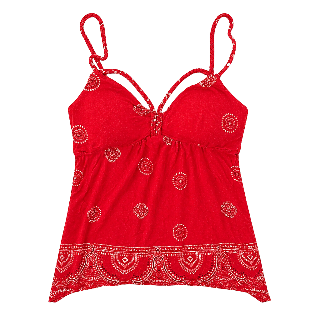 American Rag Red Bandana Print Boho Braided Strap Tank Top 1