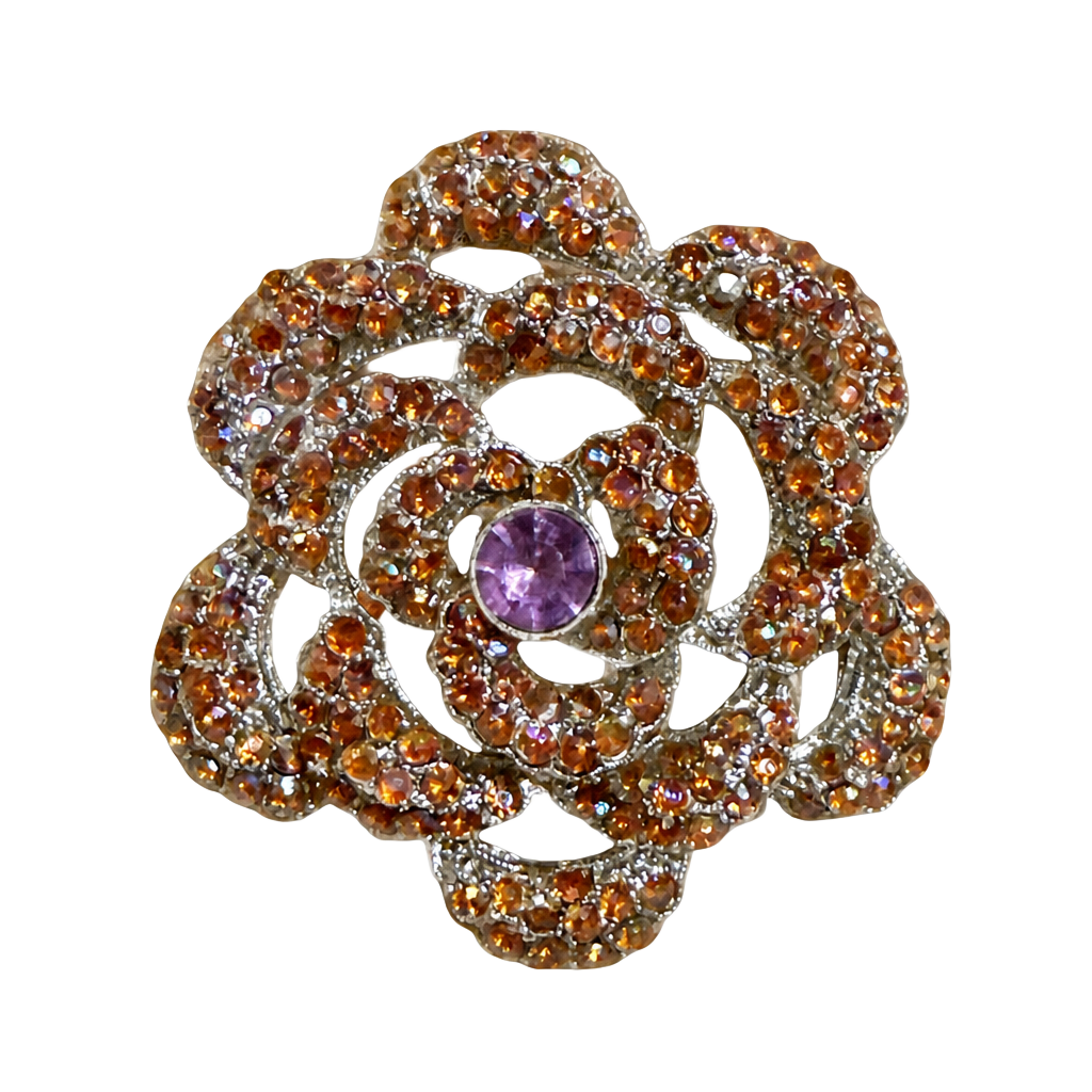 Vintage Rose Flower Rhinestone Brooch Pin Purple & Clear 1