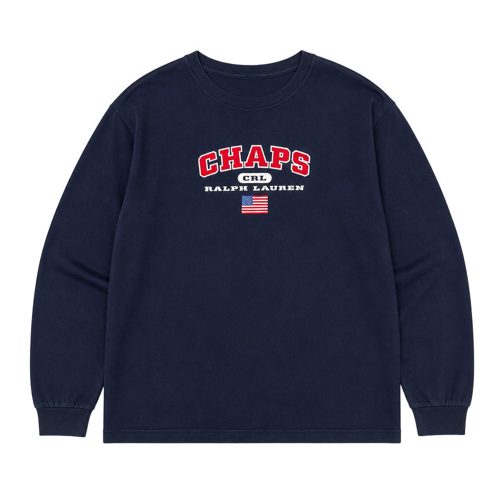 Chaps Ralph Lauren Long Sleeve T-Shirt Size L Navy Blue Logo Flag Graphic 1