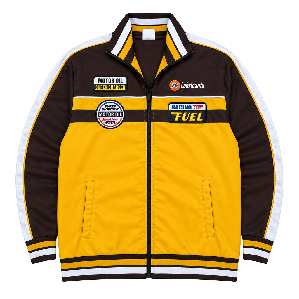 76 Lubricants Racing Fuel Track Jacket Size LL Brown Yellow Full Zip 1