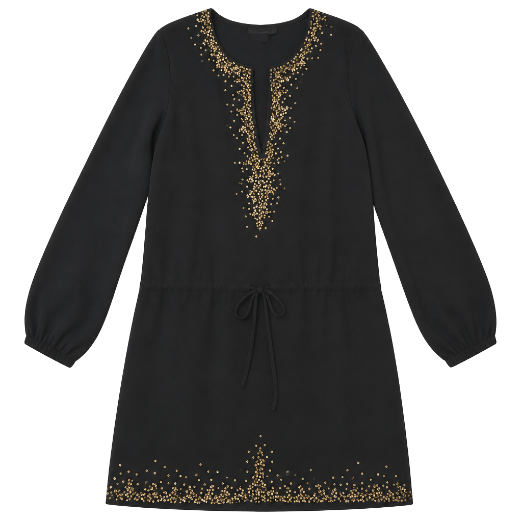 Antik Batik Black Bronze Sequin Embellished Sheer Long Sleeve Boho Tunic Dress 1