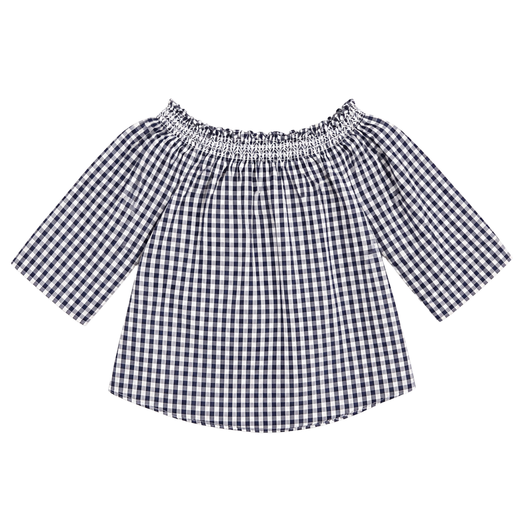Madewell Women's Size S Blue and White Gingham Off-the-Shoulder Smocked Top 1