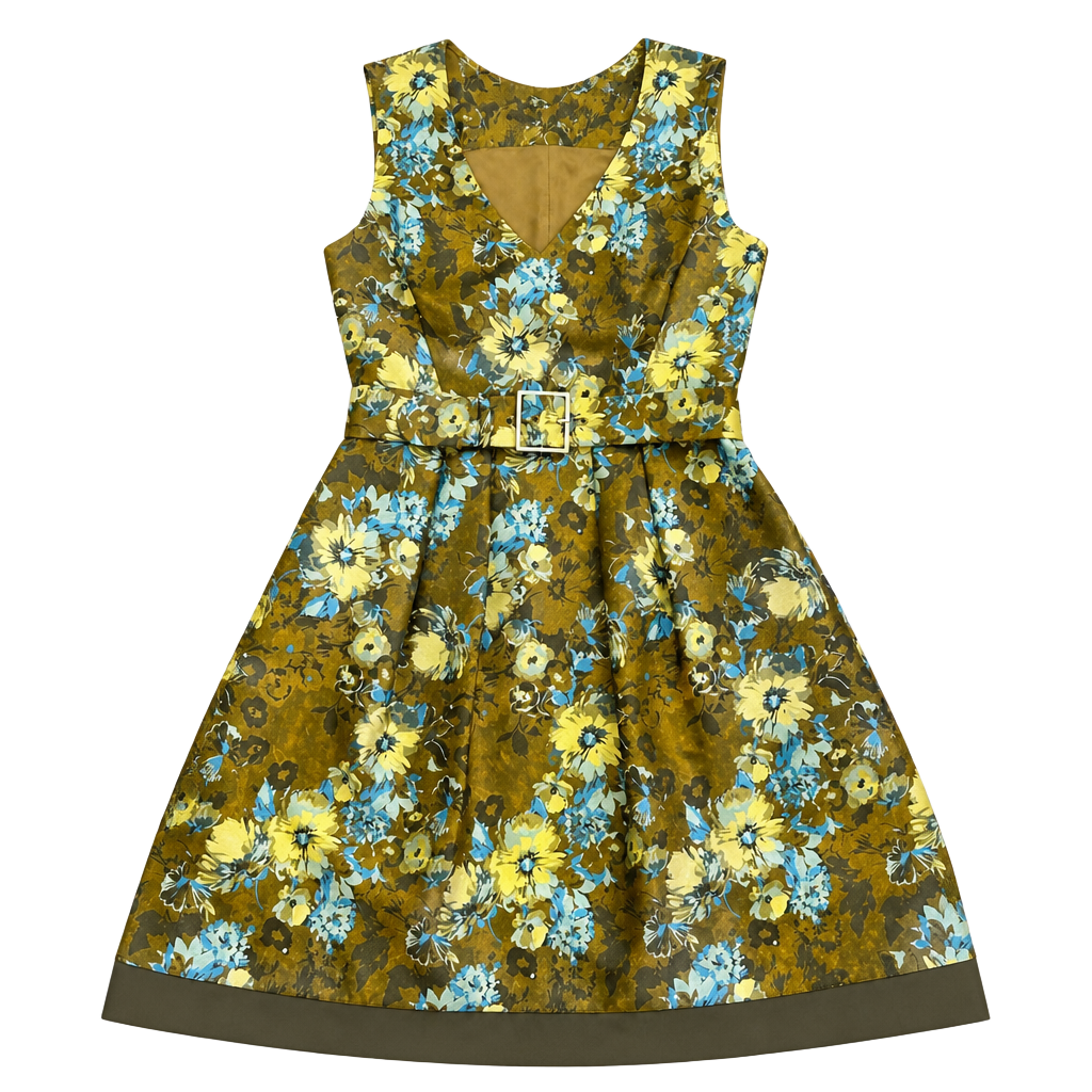Karen Millen Olive Green Floral Print Sleeveless Belted Dress Size 10 1