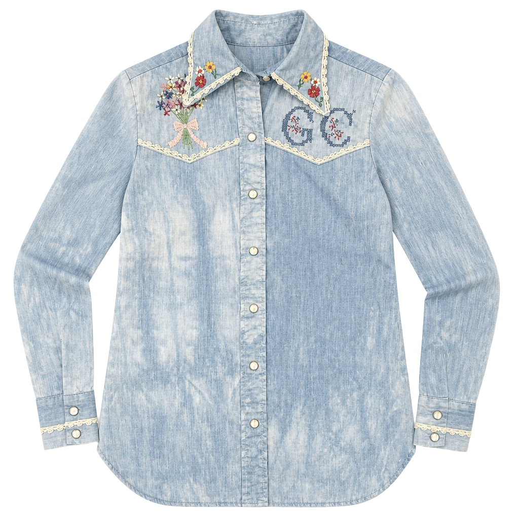 Vintage 70s Wrangler Embroidered Floral Western Denim Shirt prairie boho lace 1