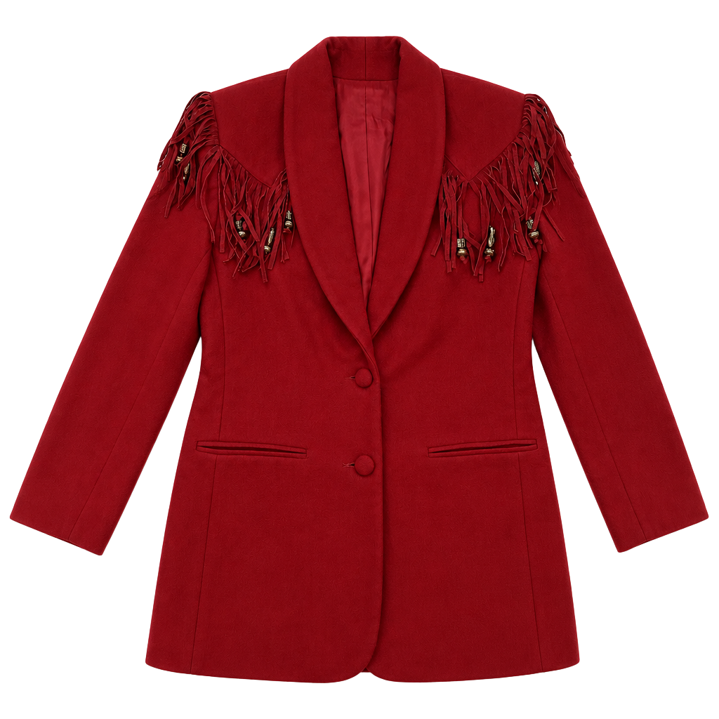 Caché Vintage Red Wool Western Blazer with Suede Fringe 1