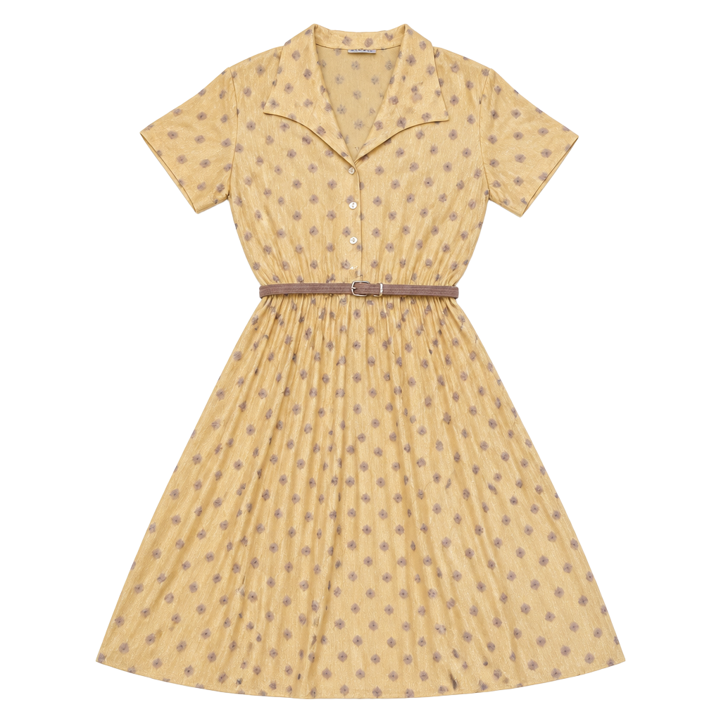 Bianco Vintage 90s Yellow Butter Mom Button-Up Maxi Printed Shirtdress w Belt 1