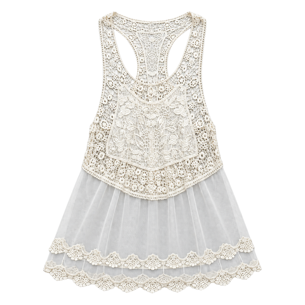2000’s Y2K Boho 70’s Style Crochet Lace Tank Top Ivory Mesh Size S 1