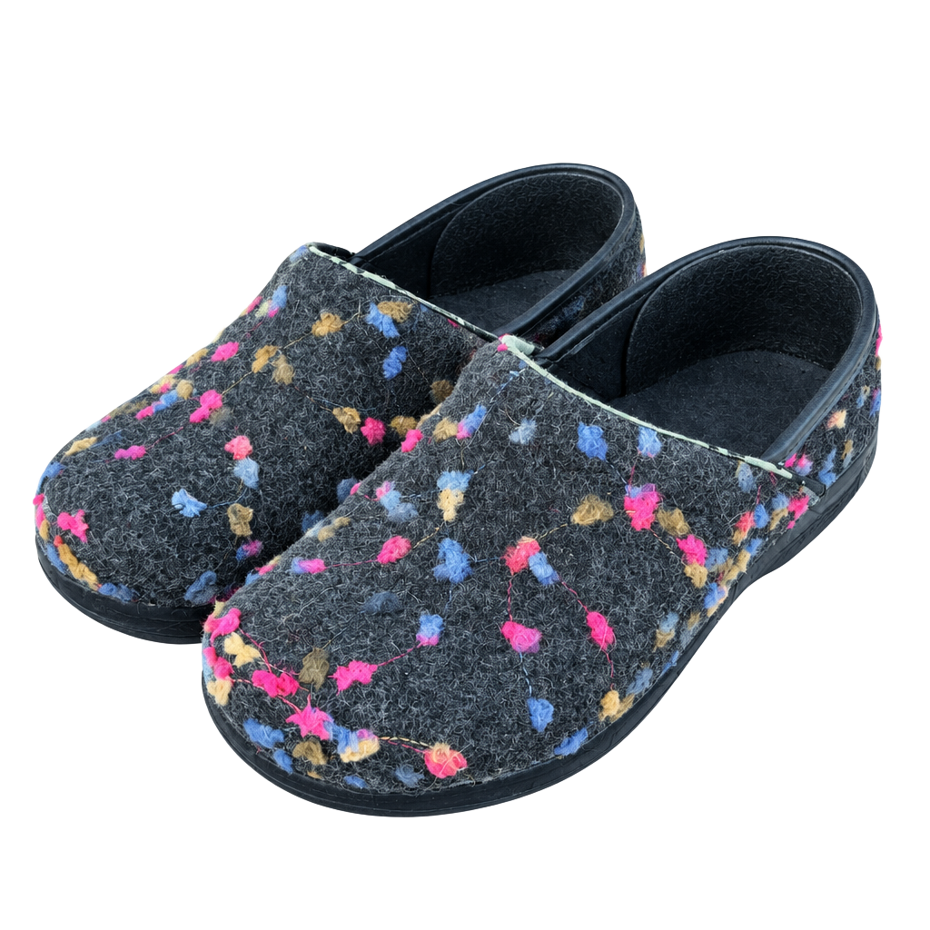 Dansko Wool Felt Floral Dot Clogs Black Multi Color Spots Size 39 1