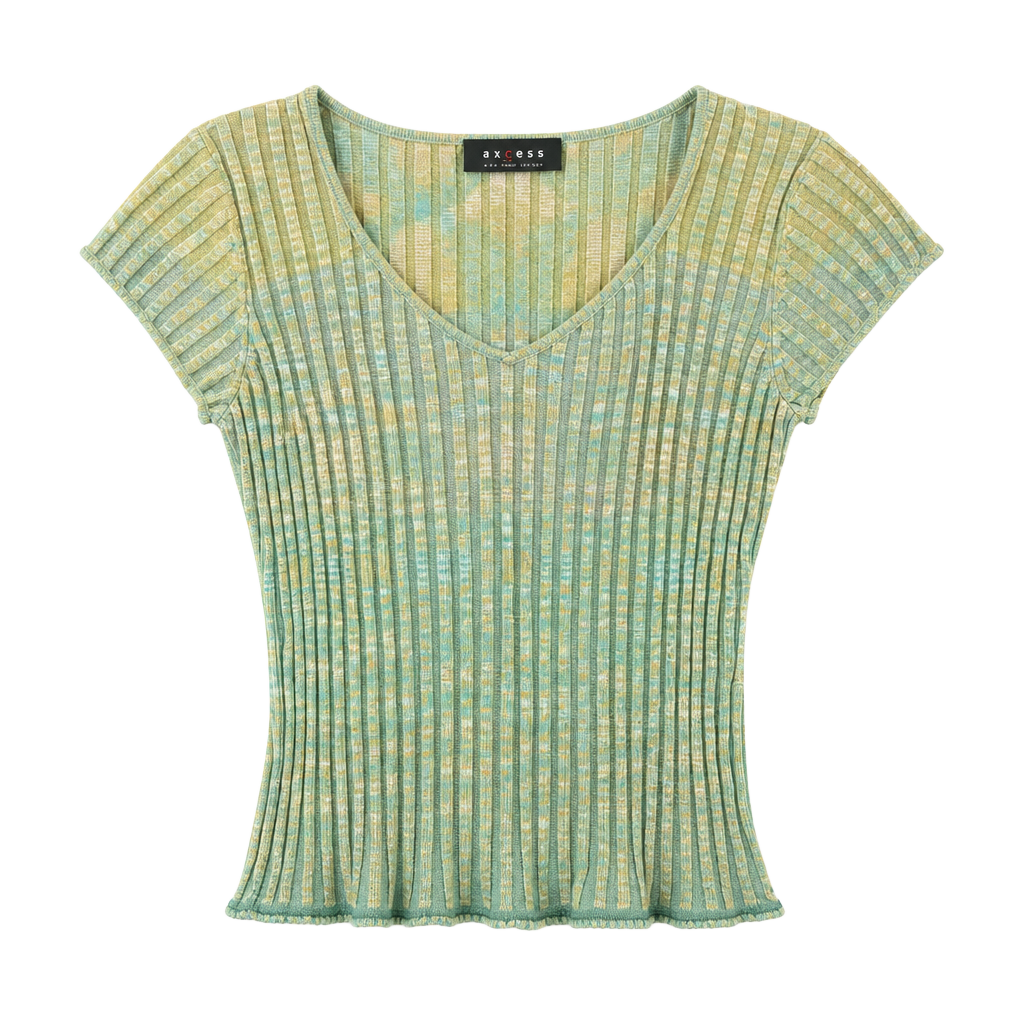 Axcess Vintage Ribbed V-Neck Short Sleeve Top Green Yellow 1