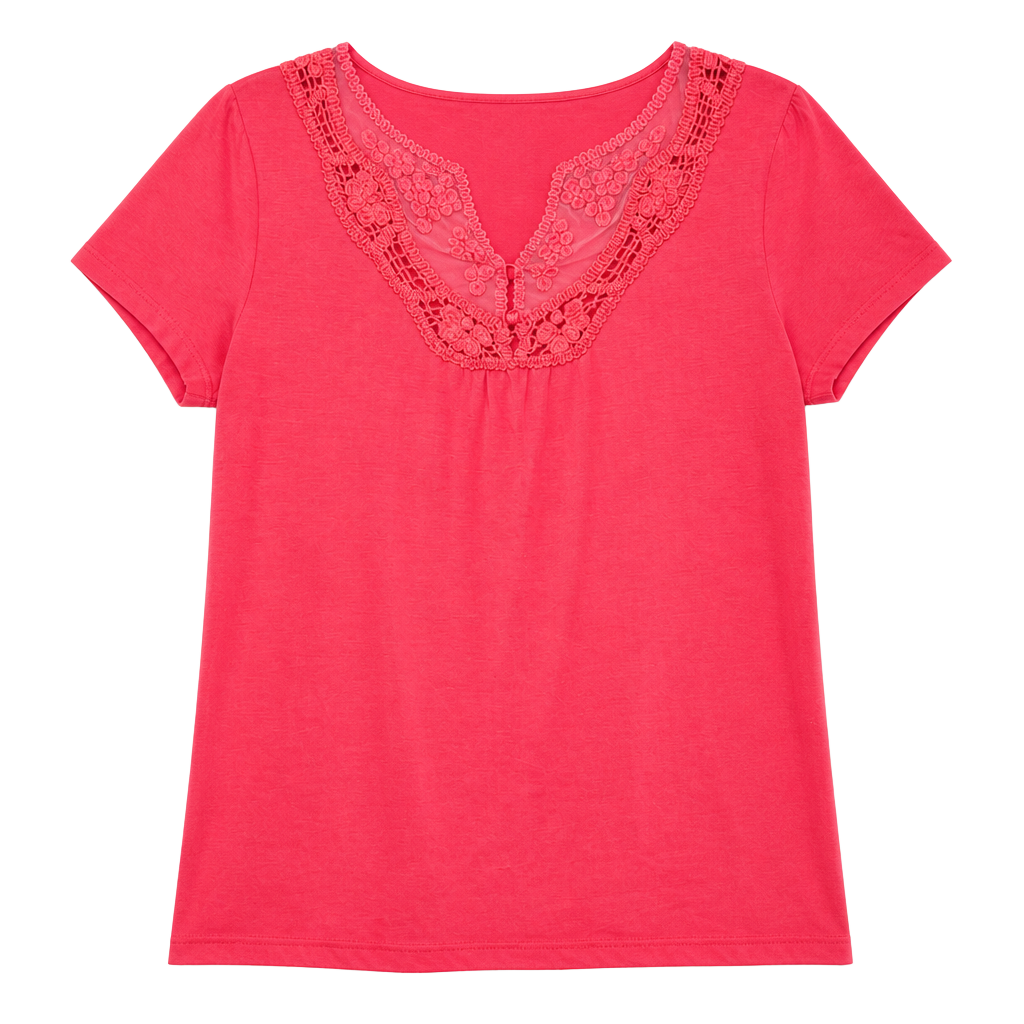 Dennis Basso Coral Pink Short Sleeve V-Neck Top with Crochet Lace Collar 1