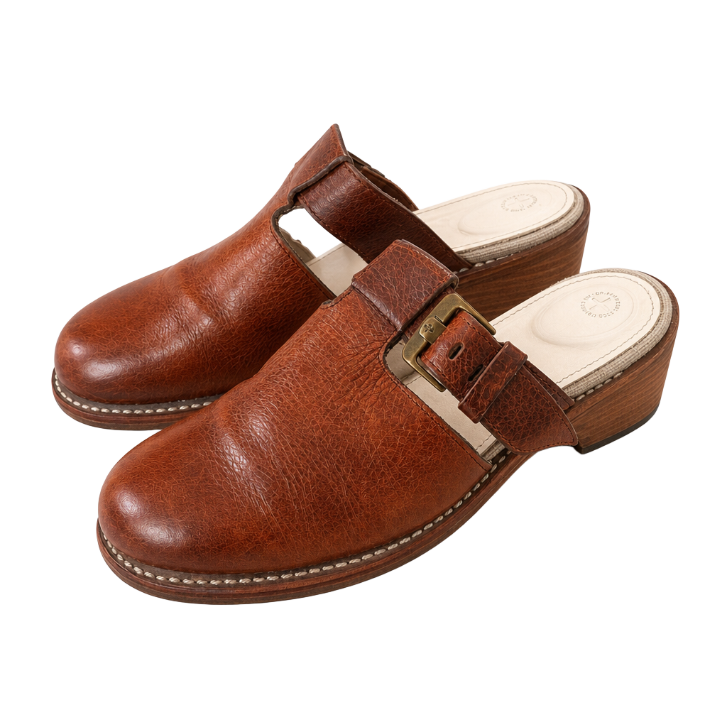 Dr. Martens Vintage Brown Leather Buckle Wedge Mules Clogs 1
