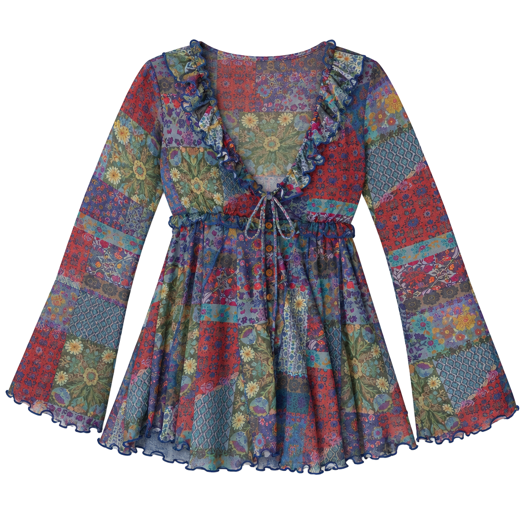 Natural Life Sierra Ruffle Mesh Top Size S Blue Patchwork 1