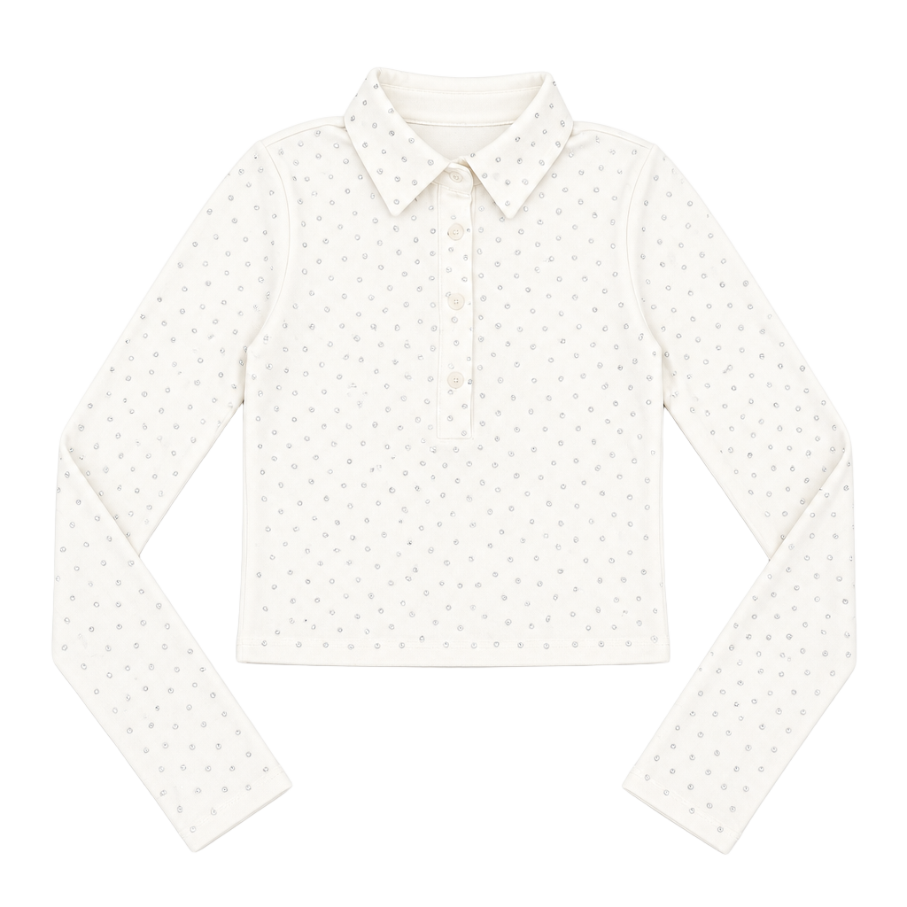 Y2K 2000S White Rhinestone Studded Long Sleeve Polo Crop Top 1