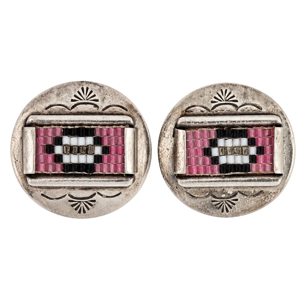 W/3 Signed Native American Style Sterling Silver Beaded Stud Earrings 1