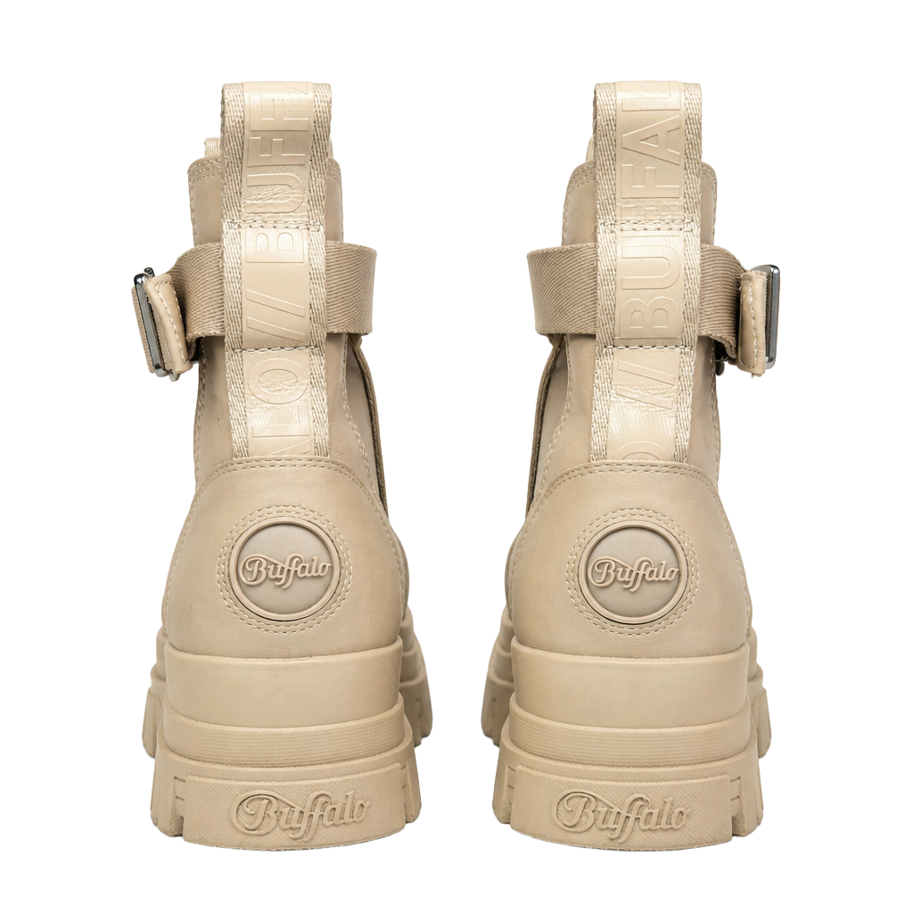 Buffalo Aspha Com1 Chunky Platform Ankle Boots in Beige with Buckle Strap 1