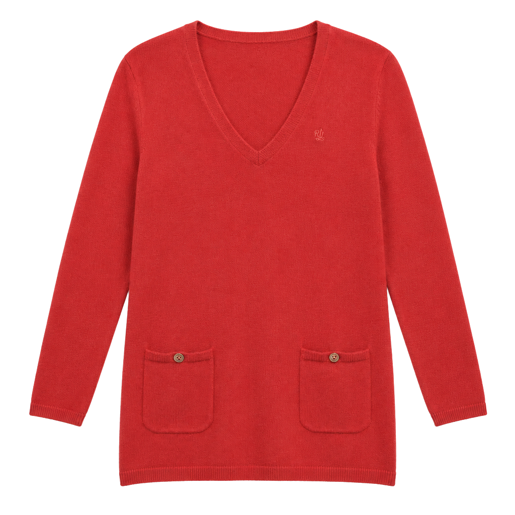Ralph Lauren Red Cotton Pocket Logo V Neck Pull Over Knit Top Size S 1