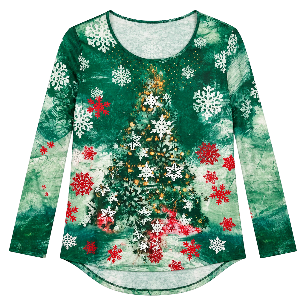 ONE WORLD Green Long-Sleeve Holiday Tree Top with Red & White Snowflakes Size S 1
