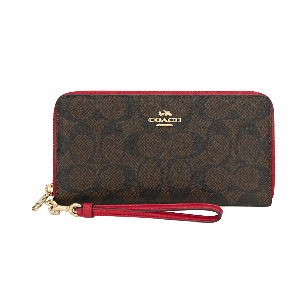 Coach Long Zip Around Wallet in Signature Canvas Brown Red 1
