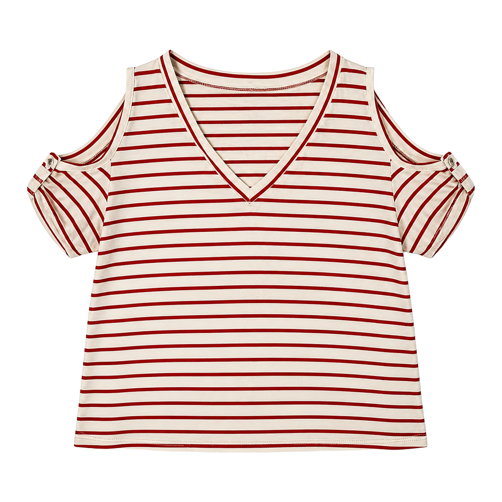 SHEIN Curve Red and White Striped Cold Shoulder V-Neck Tee 3XL 1