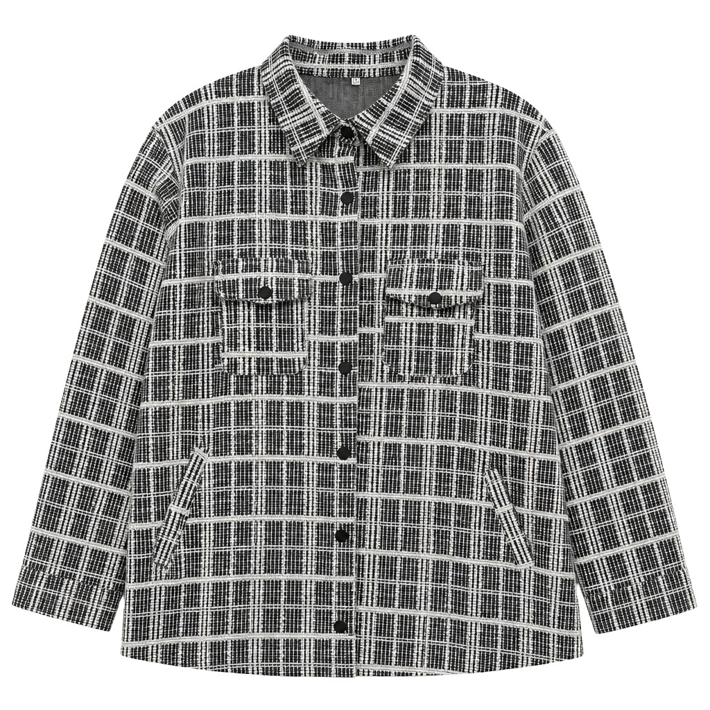Black and White Tweed Plaid Button-Down Shacket 1
