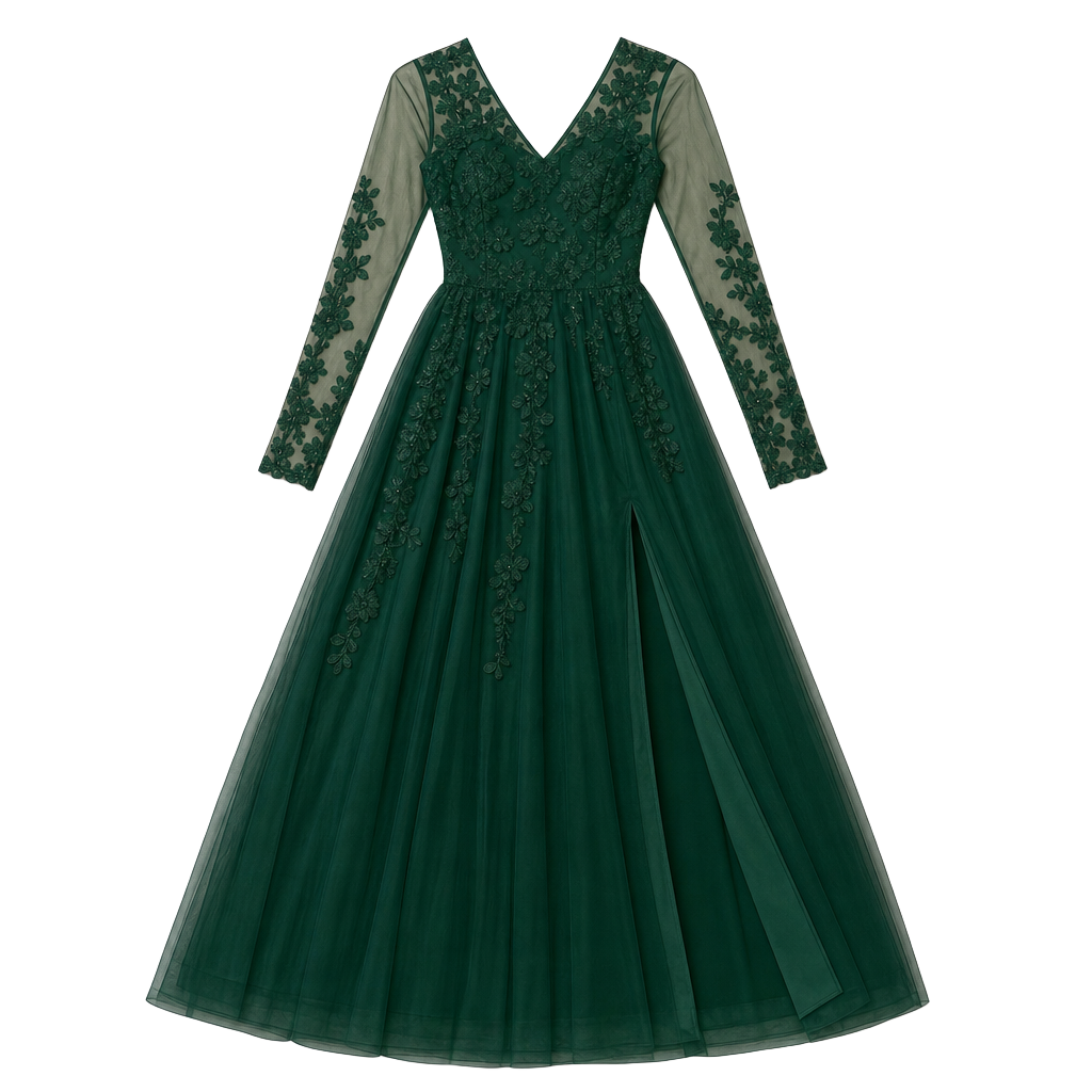 JJs House Dark Green Long Sleeve V-Neck Lace Evening Dress 1