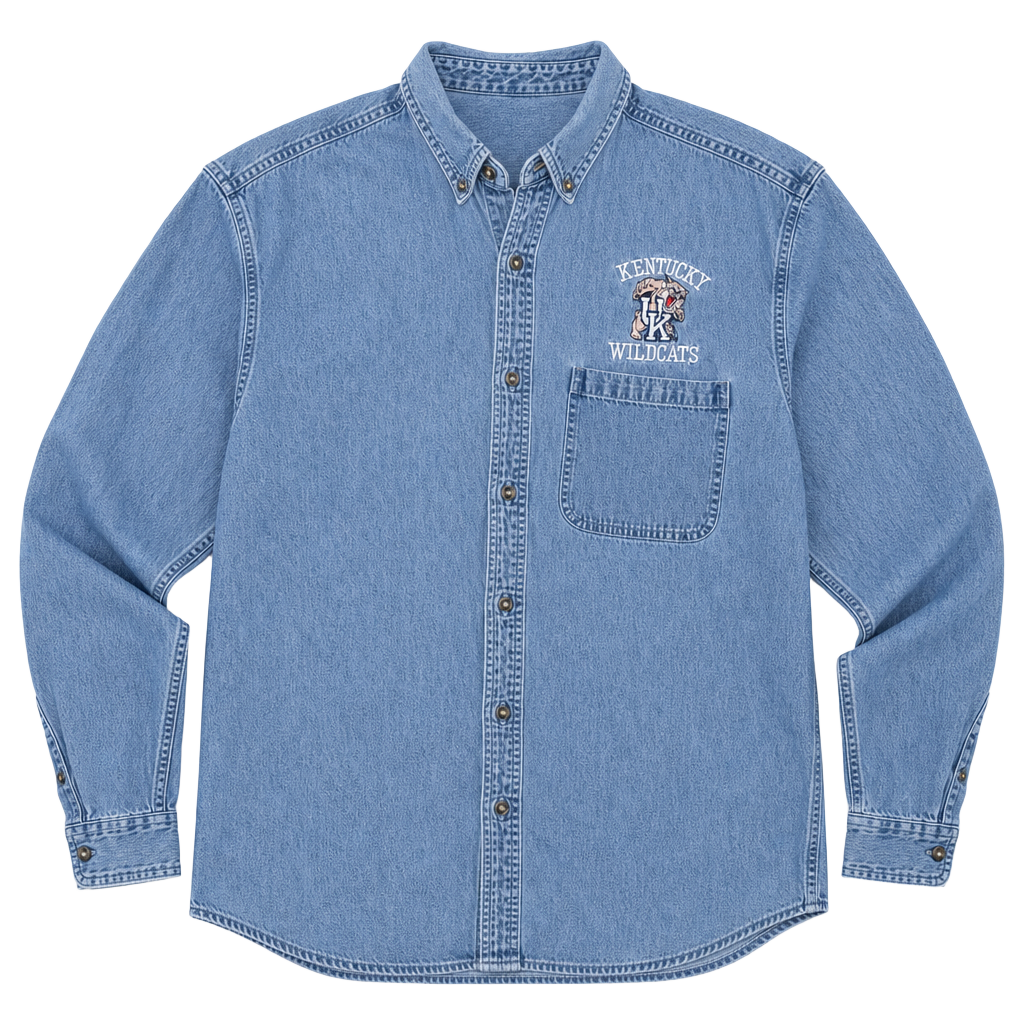 Vintage Planet Athletics Kentucky Wildcats Embroidered Denim Button-Down Shirt 1