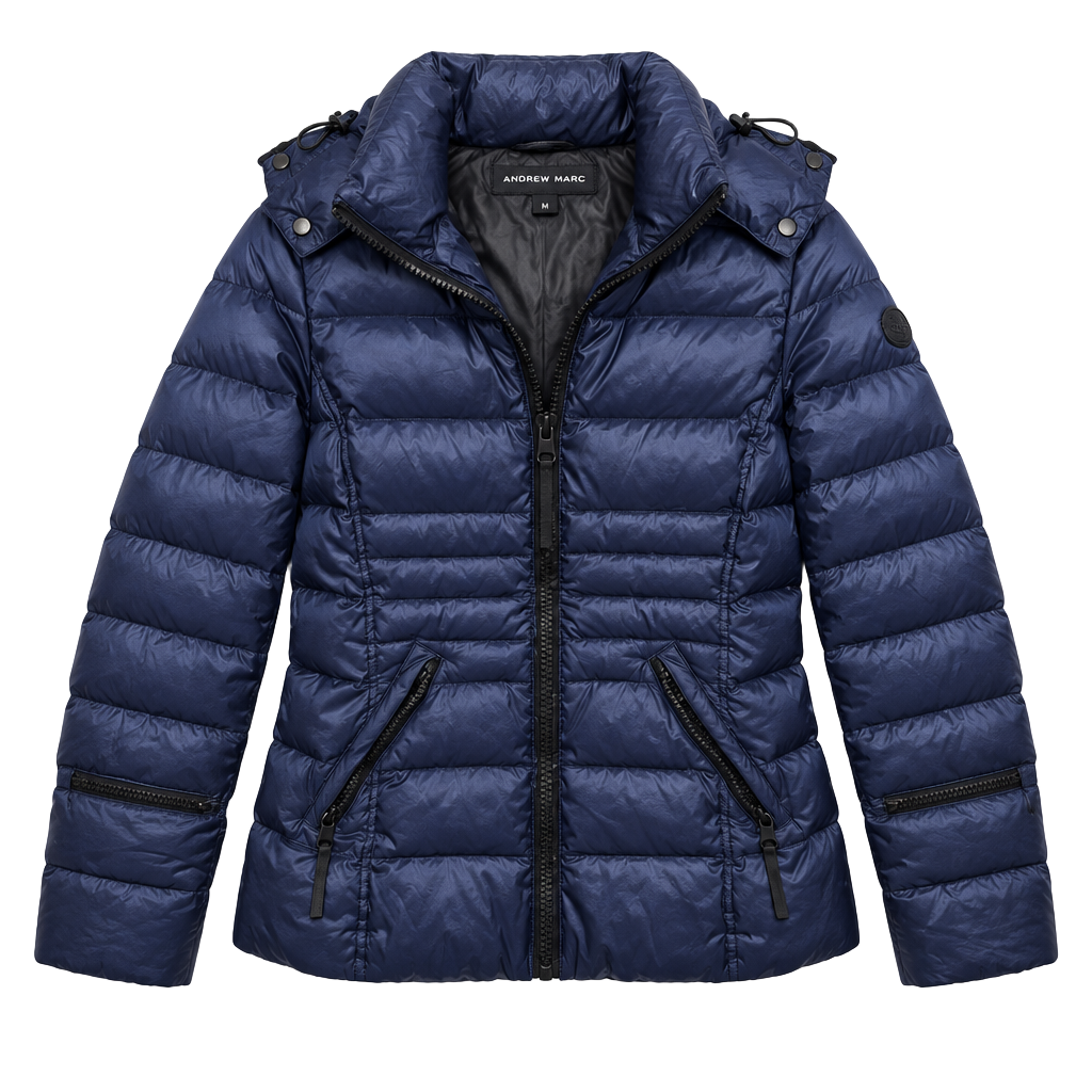 Andrew Marc Down Puffer Jacket Size XS Navy Blue Hooded 1