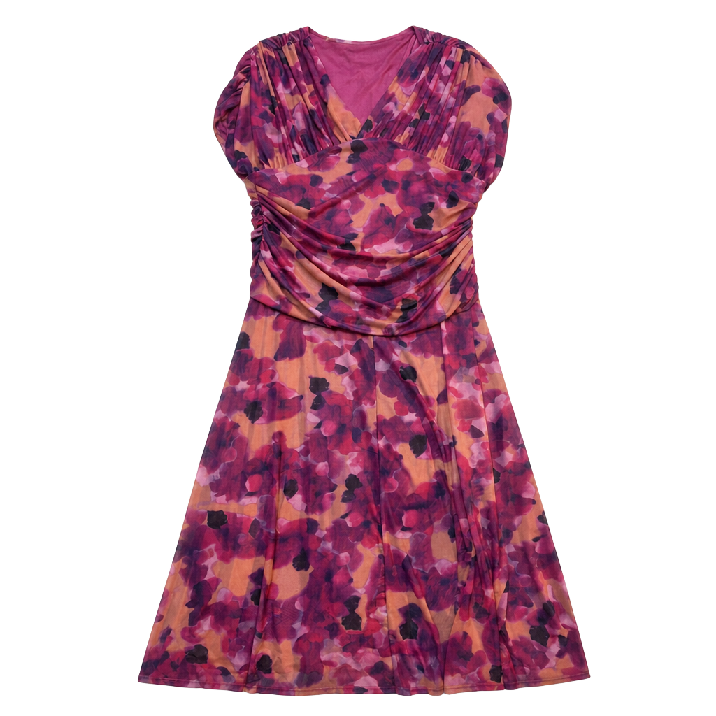 Plus Size V-Neck Batwing Sleeve Ruched Waist Floral Print Maxi Dress 1