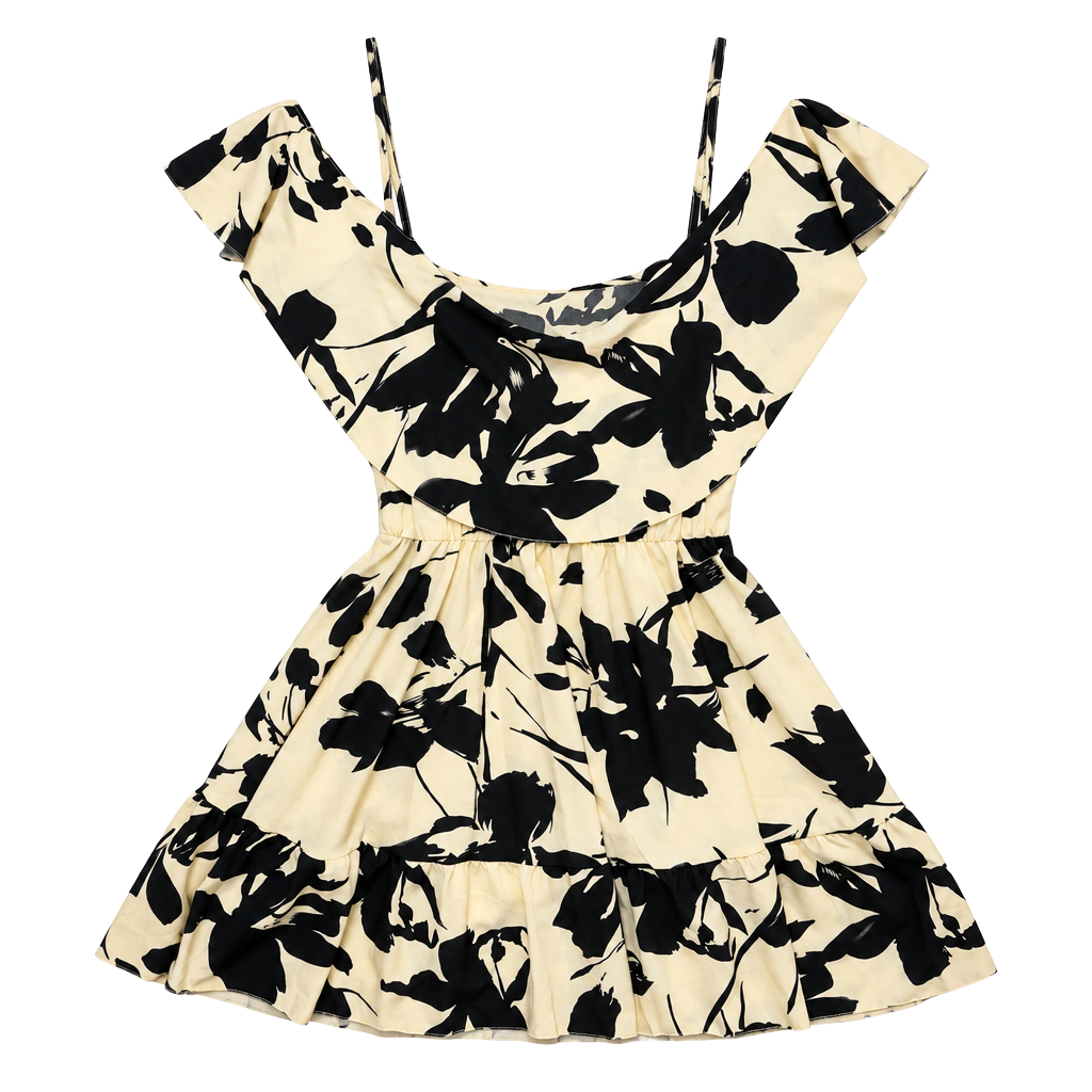 Shein Floral Dress Size 8/10 L Black Cream Ruffle Mini 1