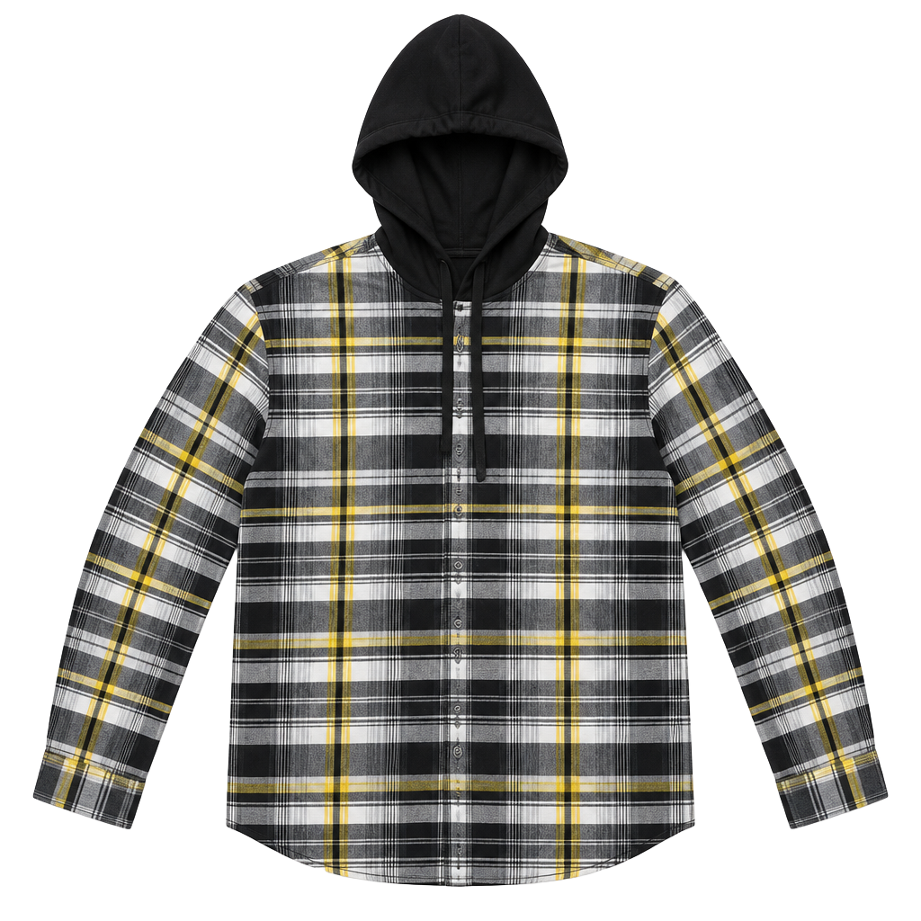 Edgar + Ash Hooded Flannel Shirt Size L Black Yellow Plaid 1