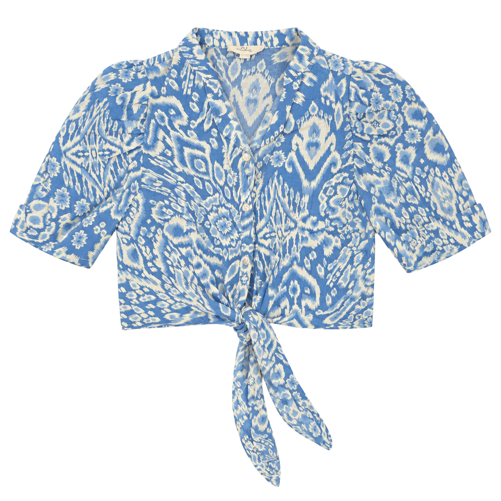 Elan Cropped Short Sleeve Tie Front Blouse Size S Blue White Ikat Print 1