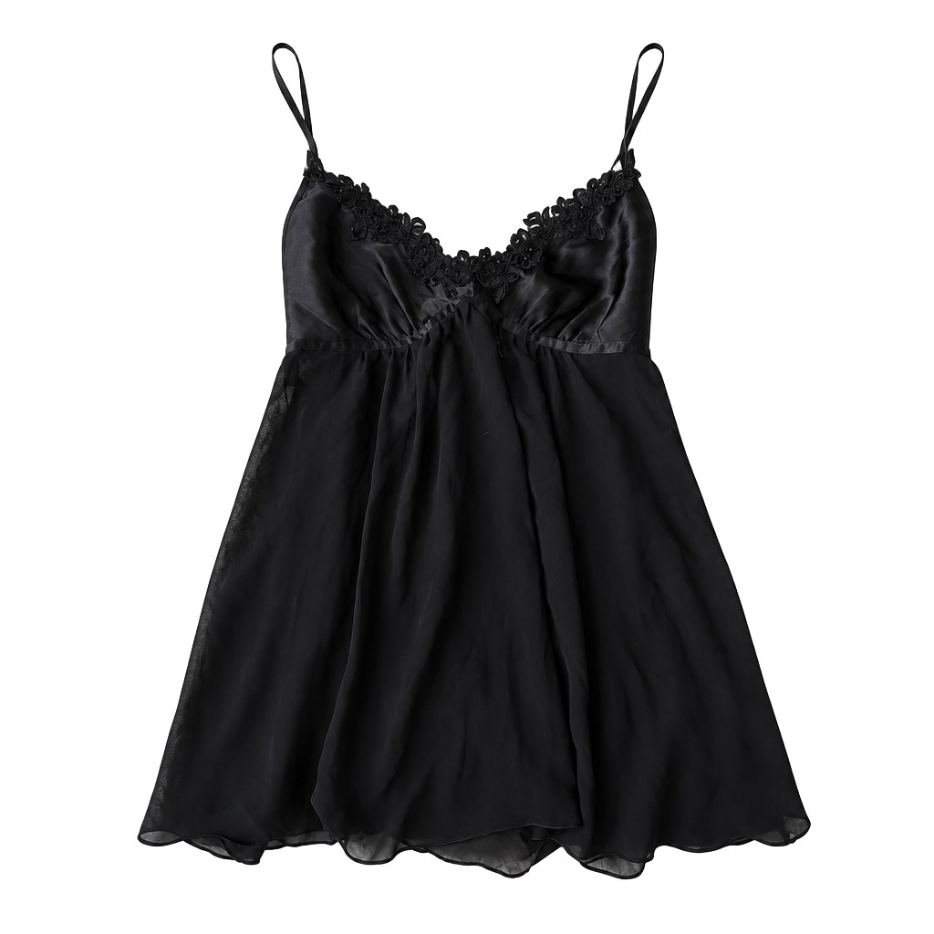 Intimo Donatella Black Lace Trim Satin and Chiffon Babydoll Nightgown 1