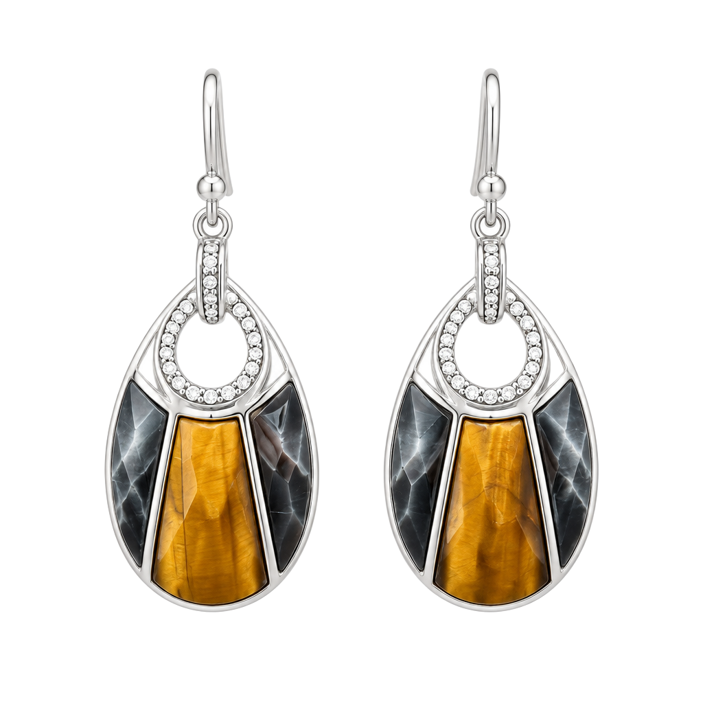 Vintage Monet Inlaid Tiger's Eye & Black Onyx Dangle Drop Earrings Signed 1