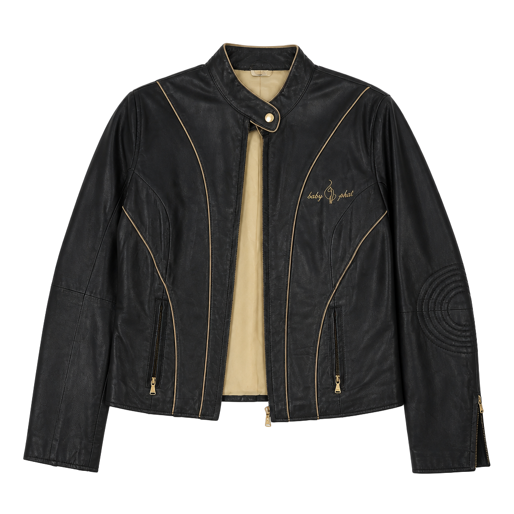 Vintage Baby Phat Genuine Black Leather Moto Biker Jacket with Gold Piping and Logo 1