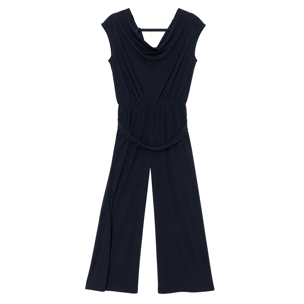 Connected Apparel Women's Navy Blue Cowlneck Sleeveless Jumpsuit with Waist Tie 1