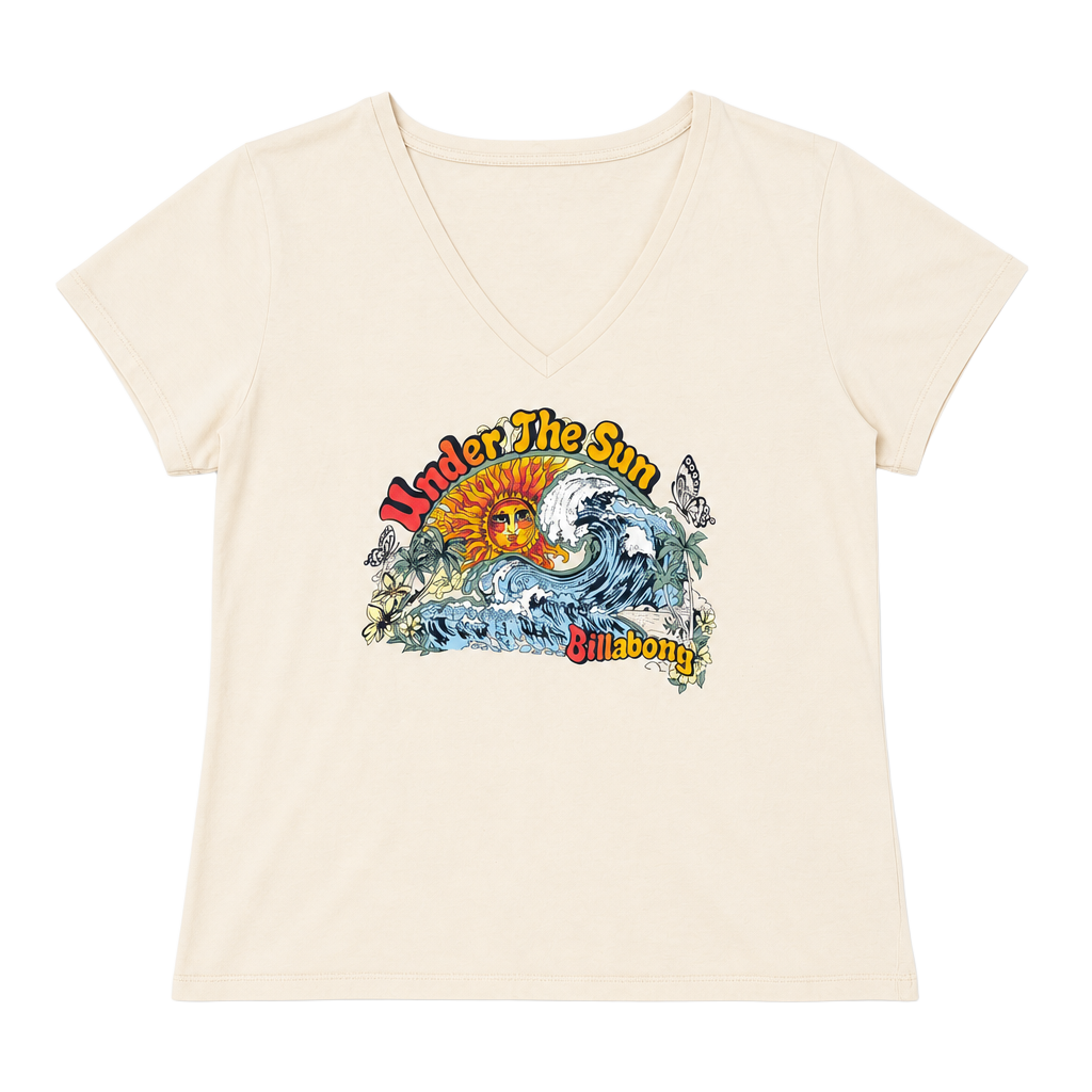 Billabong Under The Sun T-Shirt Womens 2X Cream V-Neck Graphic Wave Tee 1