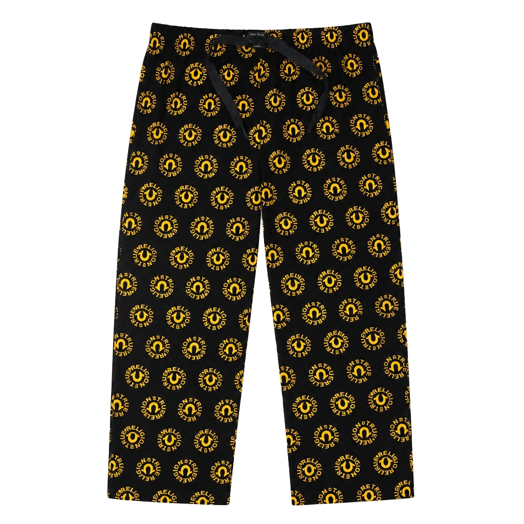 True Religion Men L Pajama Pants Black Gold All Over Print Logo Sleepwear Soft 1