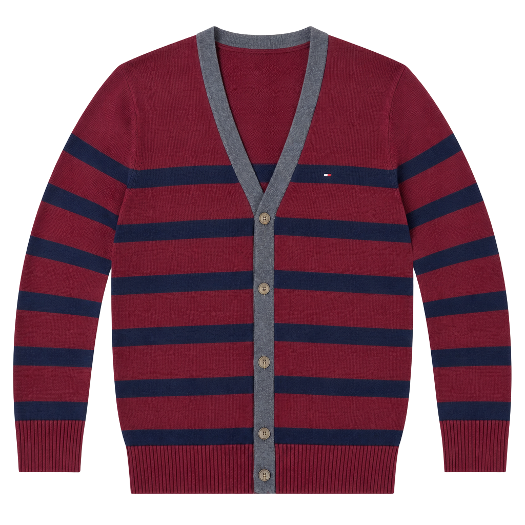 Tommy Hilfiger Men's Striped V-Neck Button Cardigan Sweater Burgundy Navy Size M 1