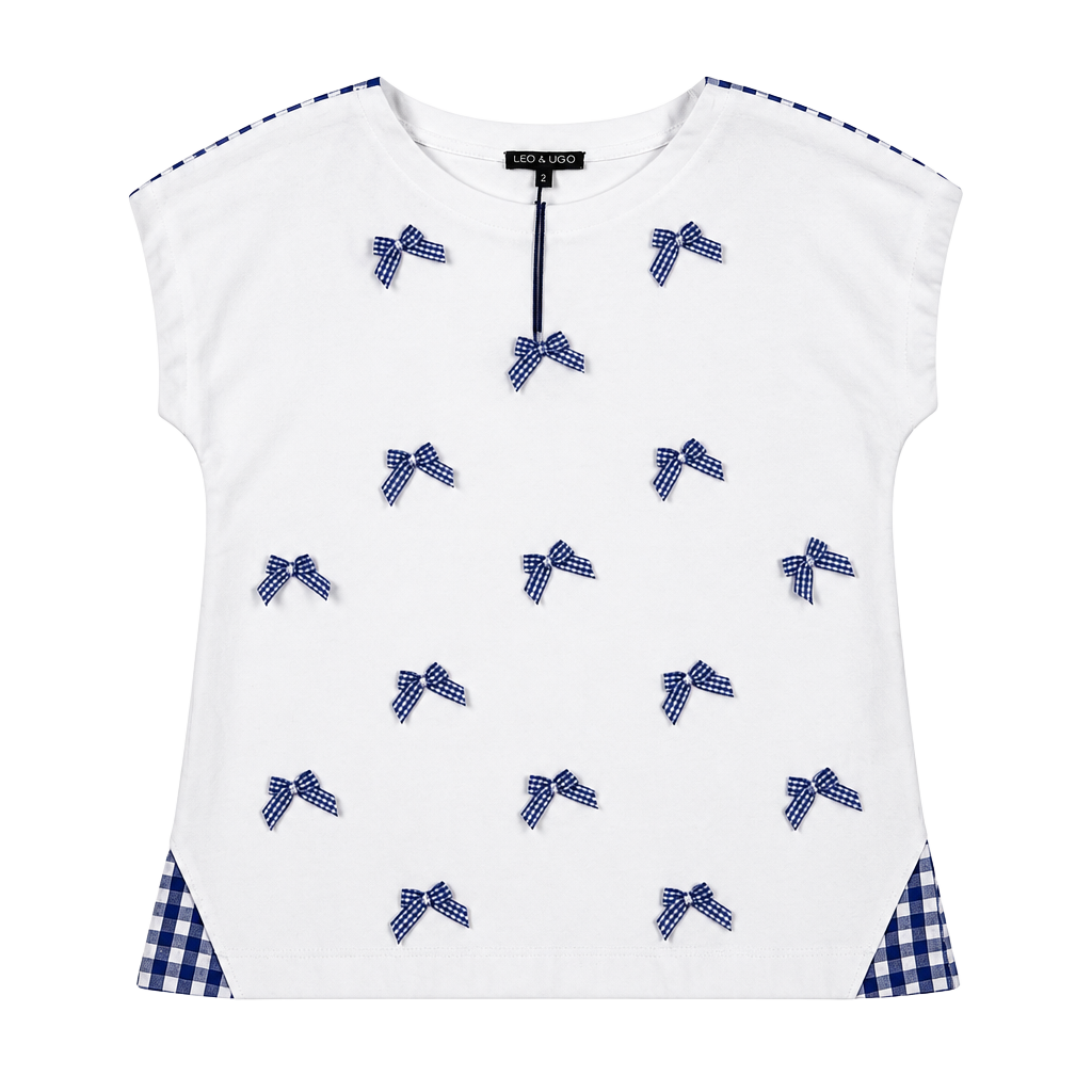 Leo & Ugo Gingham Bow T-Shirt Size 2 White Blue New With Tags 1
