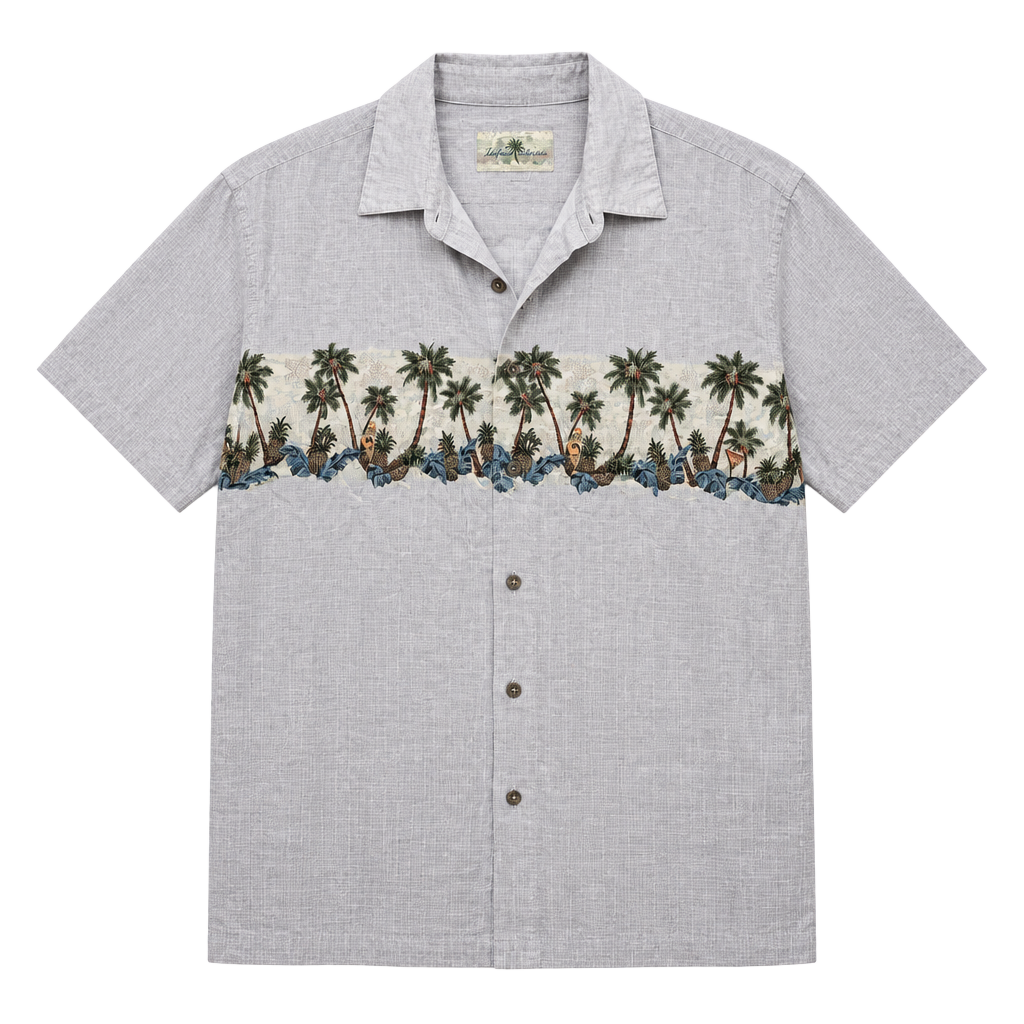 Island Shores Button-Down Shirt Size L Gray Palm Tree Rayon Short Sleeve 1